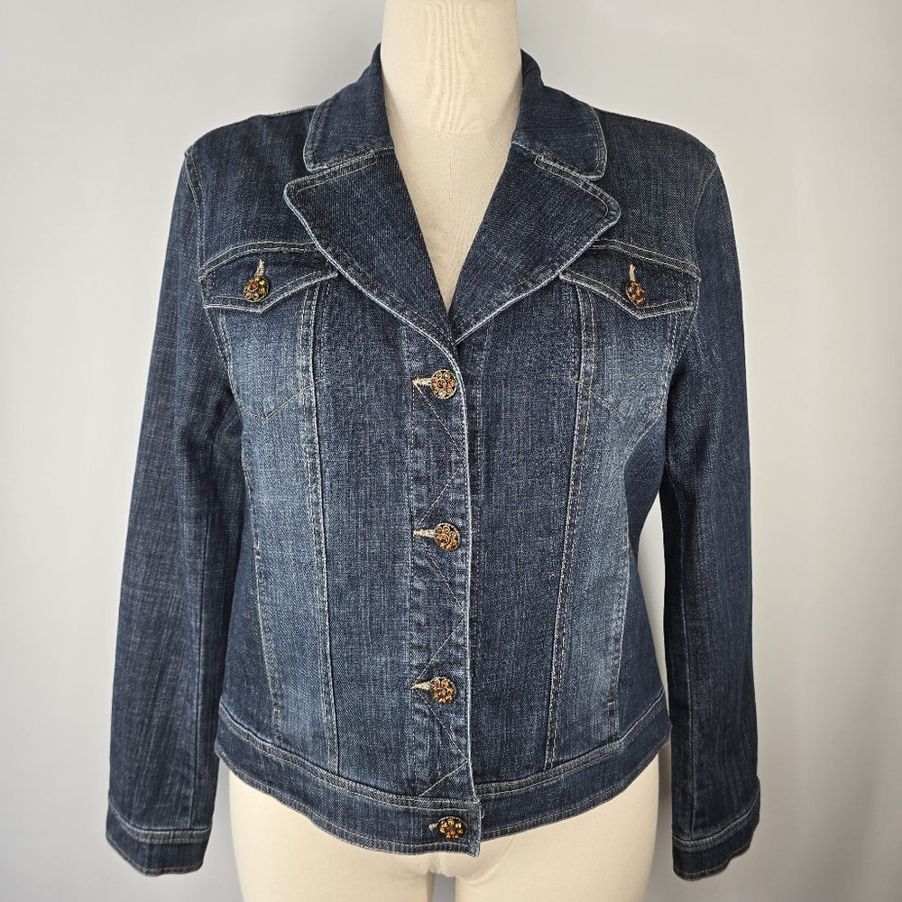 Tribal Fitted Stretch Denim Jean Jacket Amber Rhinestone Buttons Size 14